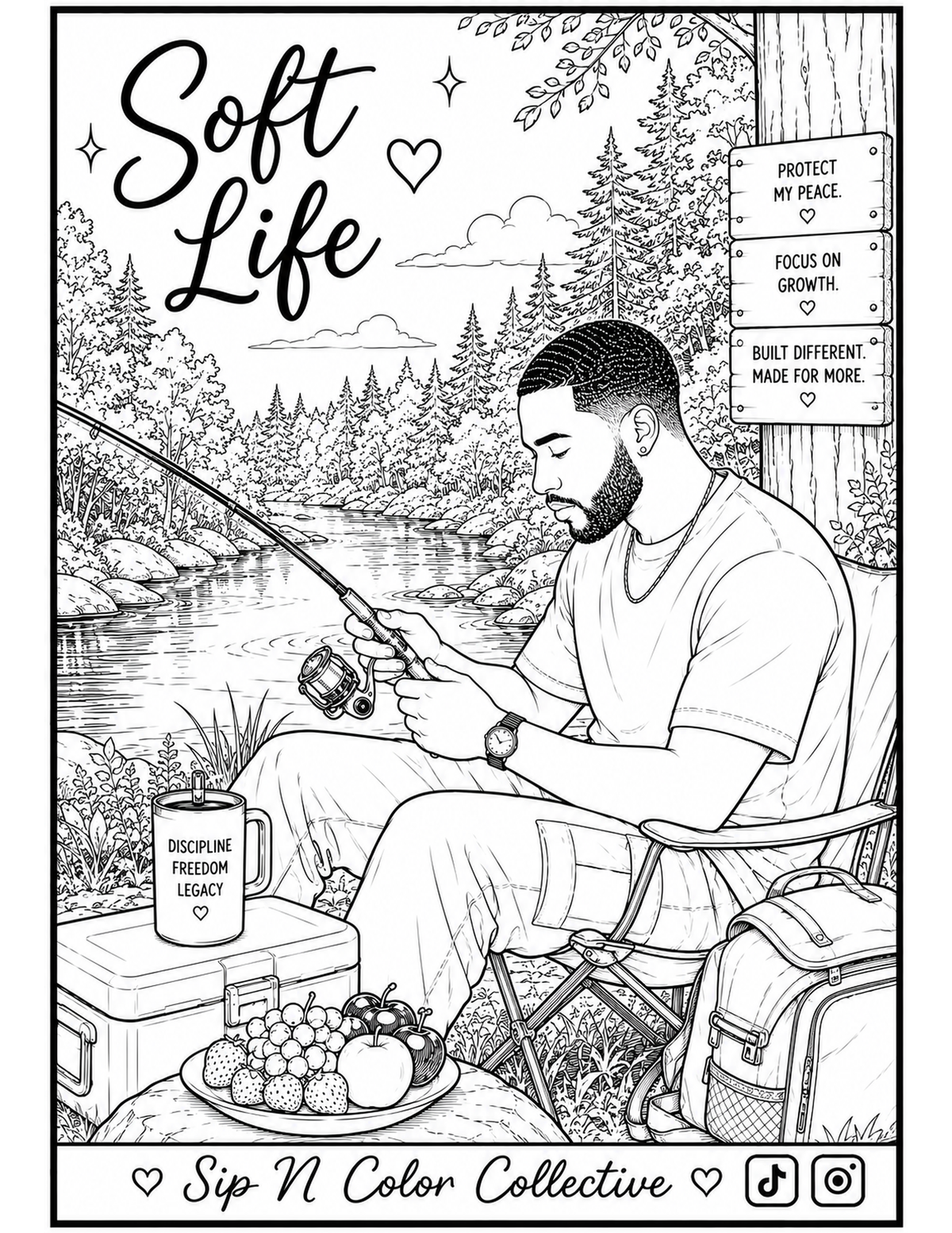 Soft Life: Fishing & Reflection | Coloring Page